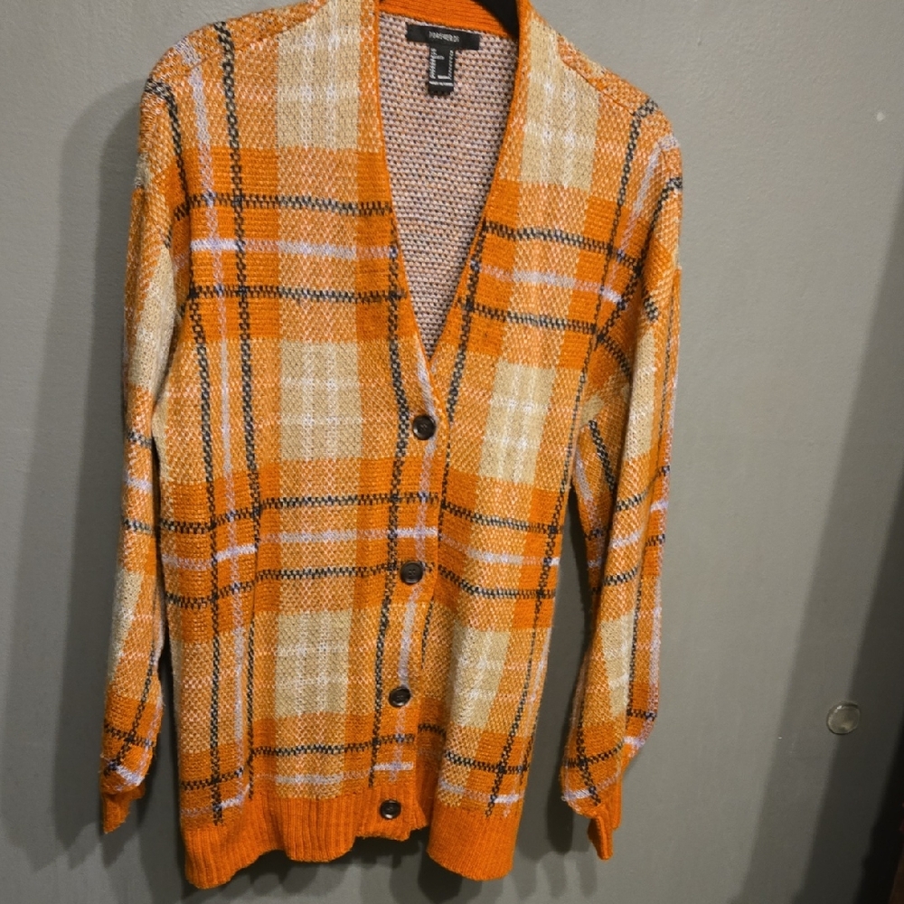 Forever 21 Orange and Tan Plaid Knit Button Cardigan Sz S